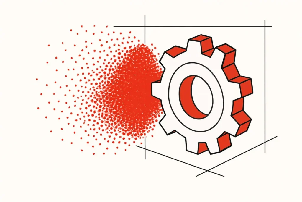Visualización de proceso de ingeniería inversa: nube de puntos 3D transformándose en modelo CAD de componente mecánico minero