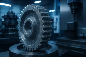 Nube de puntos 3D proyectada sobre engranaje industrial mecanizado en taller, captura digital de geometría para ingeniería inversa